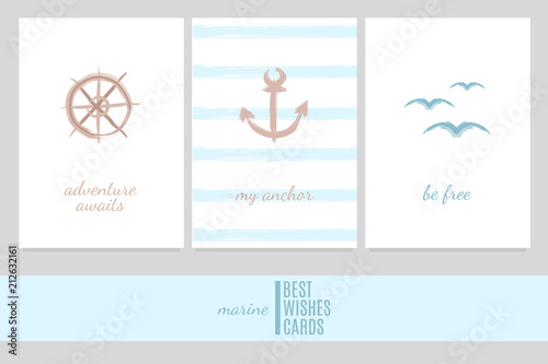 Greeting cards in a marine style with wheel, anchor, birds and inscriptions: 