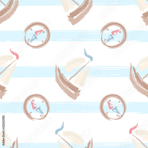 Marine seamless pattern with ships and compasses on striped background. Hand drawn vector illustration.