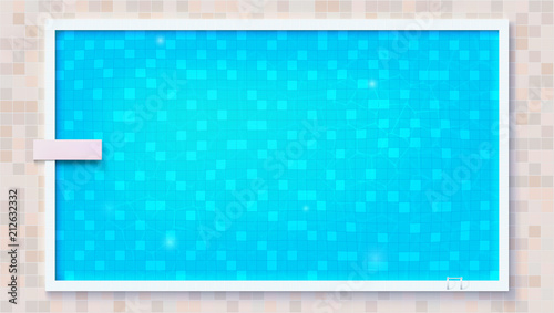 Blue ripped water in swimming pool and diving board, top view. Big outdoor pool with board for jumping into water, flat lay view. Vector template for events, posters, cover