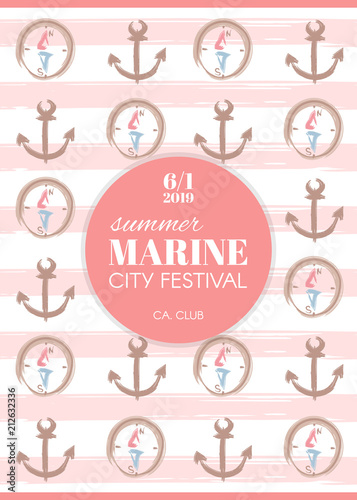 Poster template in marine style with anchors and wheels on blue background.
