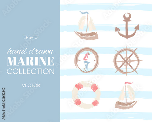 Hand drawn marine set. Lifebuoy, ship, compass, wheel and anchor.