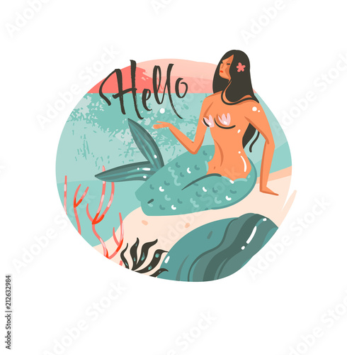 Hand drawn vector abstract cartoon summer time graphic illustrations art template background logo design with ocean beach landscape,sunset and beauty mermaid girl with Hello typography quote
