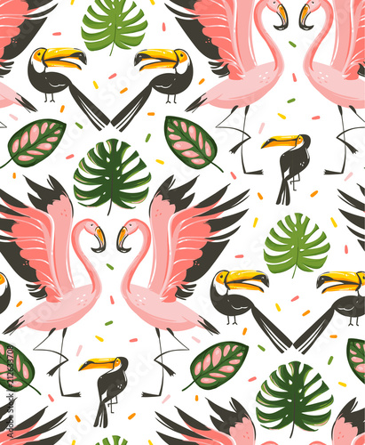Hand drawn vector abstract cartoon graphic summer time beach illustrations seamless pattern with flamingo and toucan birds,monstera and banana tree tropical palm leaves isolated on white background © anastasy_helter