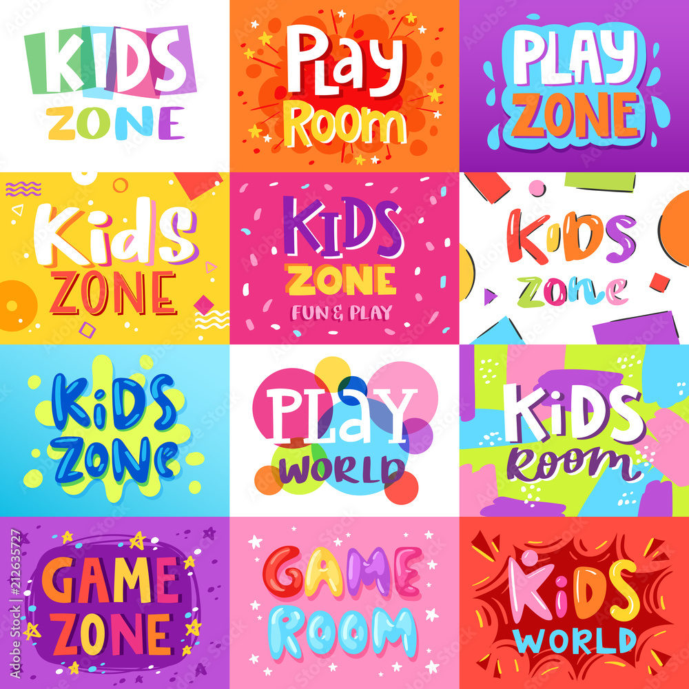 Fototapeta premium Game room vector kids playroom banner in cartoon style for children play zone decoration illustration set of childish lettering label for kindergarten decor background