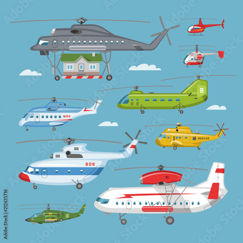 Helicopter vector copter aircraft or rotor plane and chopper jet flight transportation in sky illustration aviation set of aeroplane and airfreighter cargo with propeller isolated on background