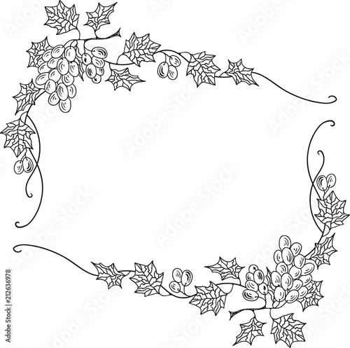 Hand Drawn Doodle Sketch Line Art Vector Illustration of Frame Ornament of Ripe Grape. Menu Poster Card Decoration Black Outline Design Element Template