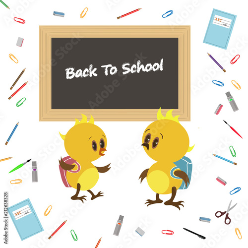 Back to school with cartoon chickens with backpacks and school supplies