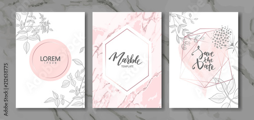 Luxury cards collection with marble texture and hand-drawn plants.Vector trendy background. Modern set of abstract card, template,posters,invitation