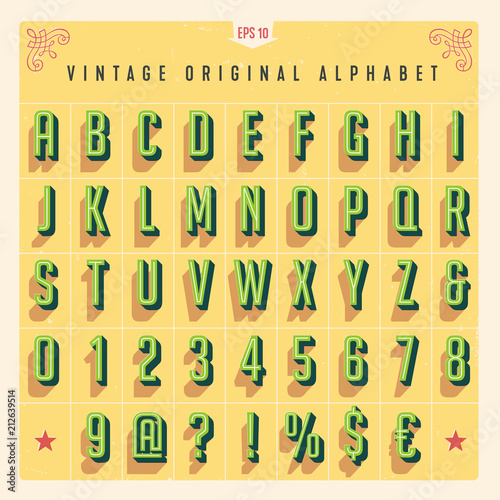 Vector Vintage Style Alphabet with offset effect, useful for retro packaging design, posters, greeting cards, brochures, flyers and much more.