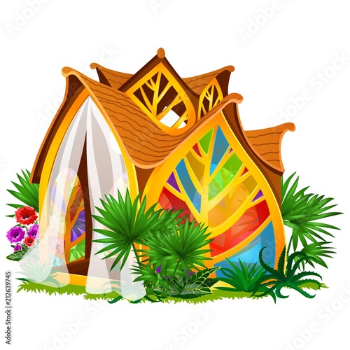Exquisite design of the house in the form of leaves with stained glass isolated on white background. Vector cartoon close-up illustration.