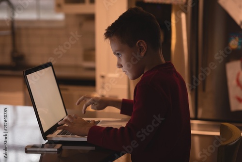 Boy using laptop at home photo