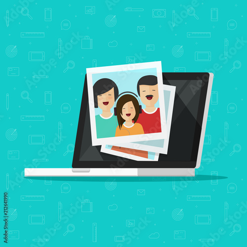 Photos on laptop computer screen vector illustration, flat cartoon photo cards on pc display, idea of photography gallery viewing, multimedia album, digital photos