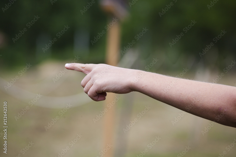 Child's hand with index finger points into the distance