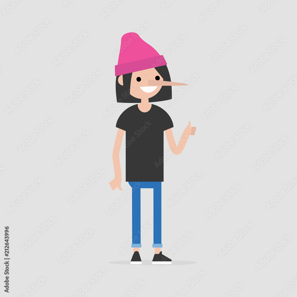 Liar. Young character with a long nose. Cheater. Concept. Flat editable vector illustration, clip art