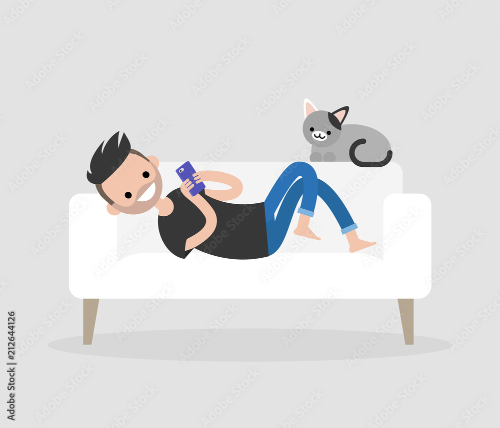 Fototapeta premium Millennial character lying on a sofa and checking the smartphone. Social networks and apps. Flat editable vector illustration, clip art. Modern lifestyle. Communication technologies.