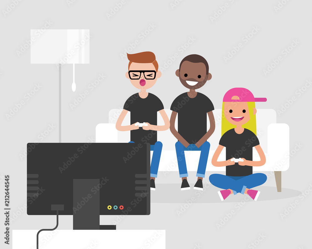 Laughing teenagers playing video games on TV. Leisure. Friends having fun. Flat editable vector illustration, clip art Laughing teenagers playing video games on TV. Leisure. Friends having fun. Flat editable vector illustration, clip art