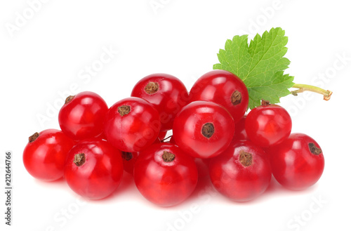 red currant with green leaf isolated on a white background. macro. healthy food