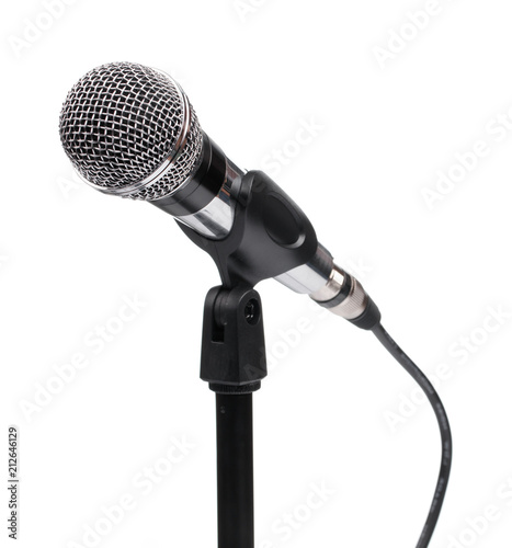 Silver ball head microphone and stand isolated on a white background photo