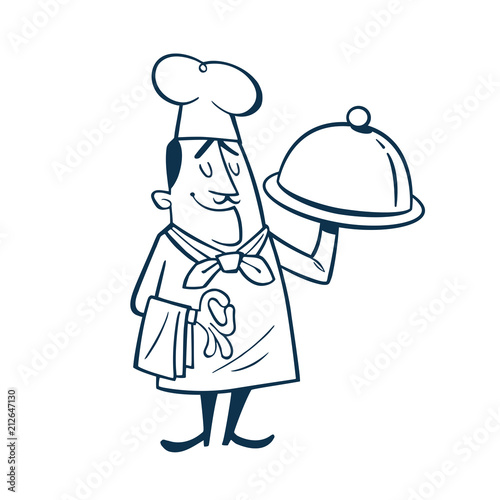 Vintage Style Clip Art - Chef Holding a Plate with a Cloche  - Vector EPS10.