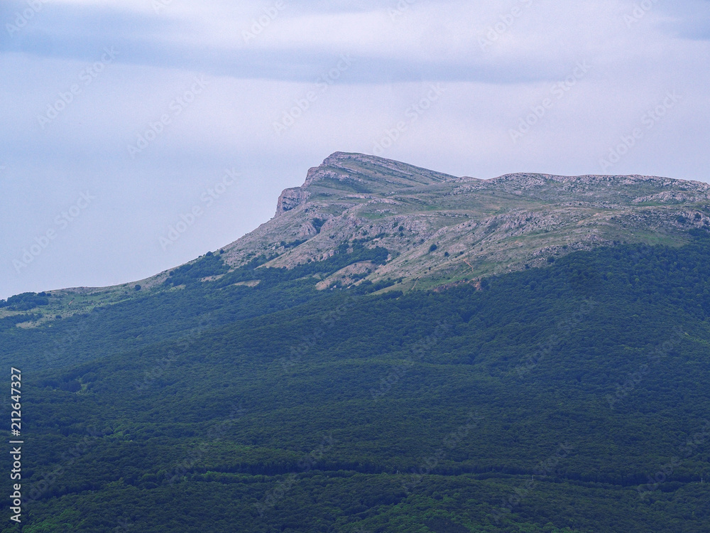 Mountains of the crimea and the green forest and village