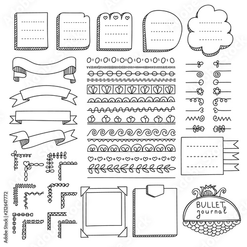 Bullet journal hand drawn vector elements for notebook, diary and planner. Doodle banners isolated on white background. Notes, list, frames, dividers, corners, ribbons.