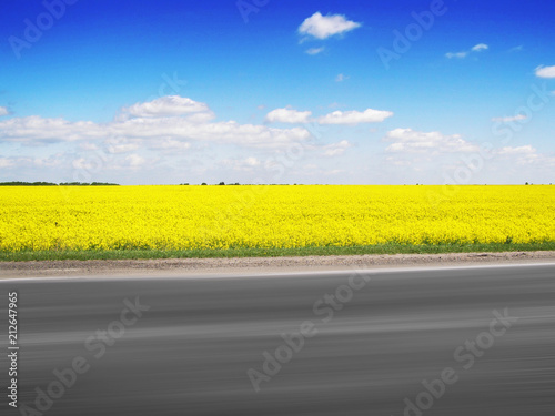 Field of yellow rapeseed with road in motion against blue sky