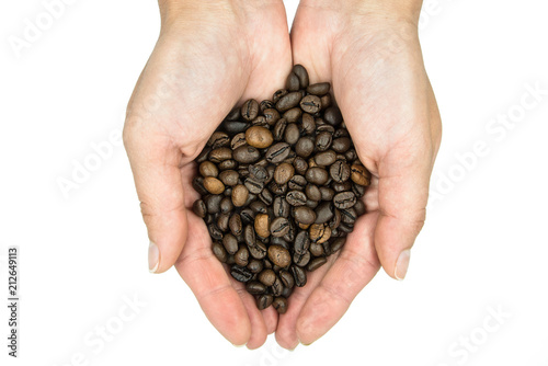 in a girl in her hands coffee beans are white background 
