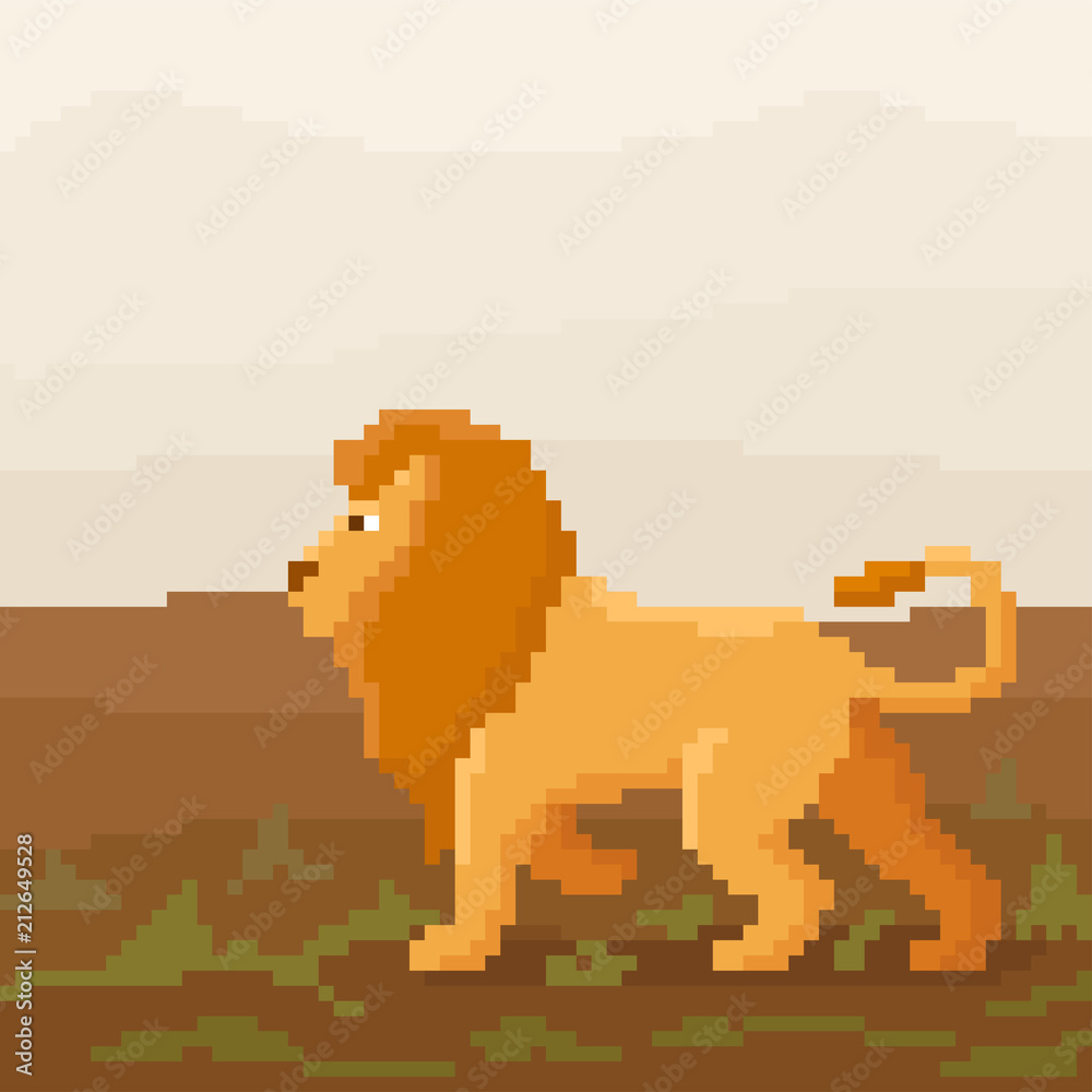 Fototapeta premium Cute pixel lion is walking on a savanna.