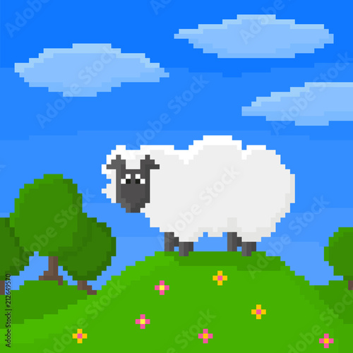 Cute pixel sheep is standing on a hill. Trees, sky, and clouds on background. 
