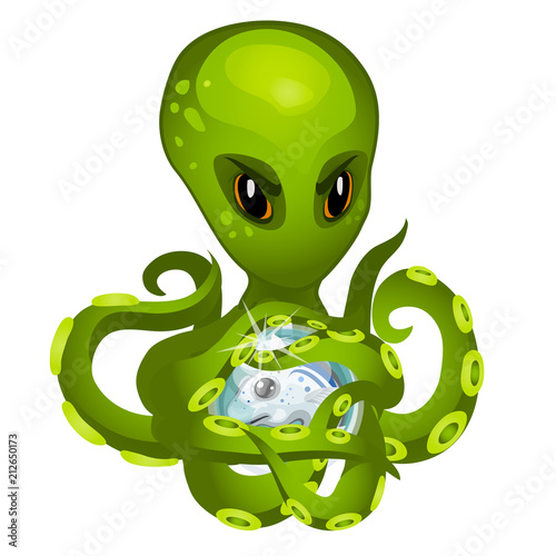Cartoon green alien octopus holding in tentacles the embryo fish isolated on white background. Vector cartoon close-up illustration.