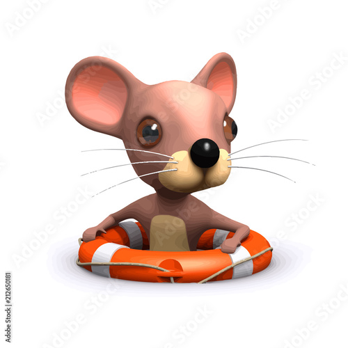 Vector 3d Funny cartoon mouse floating in the sea with a life preserver