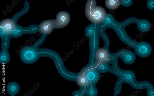 Neural network. Social network. Futuristic dna  deoxyribonucleic acid. Abstract molecule  cell illustration  mycelium. Dark background. 3D illustration