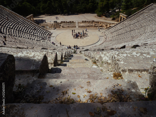 Epidaurus, Greece ,April 24,2016.Turists admire the ancient theater of the Epidaurus