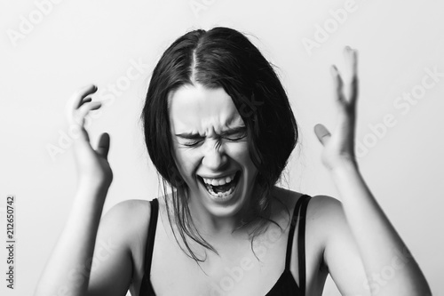  Screaming girl. Black and White. Mad emotion