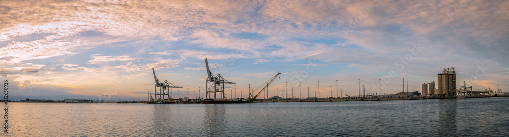 quiet sunset in an unknown empty port panorama