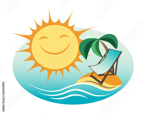 Summer holidays vector illustration. Sea and tropical island beach with lounge chair under palm tree. Happy summertime relaxation