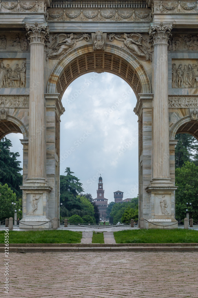 View for The Sforza Castle by  Arch of Peace in Milan, Italy.