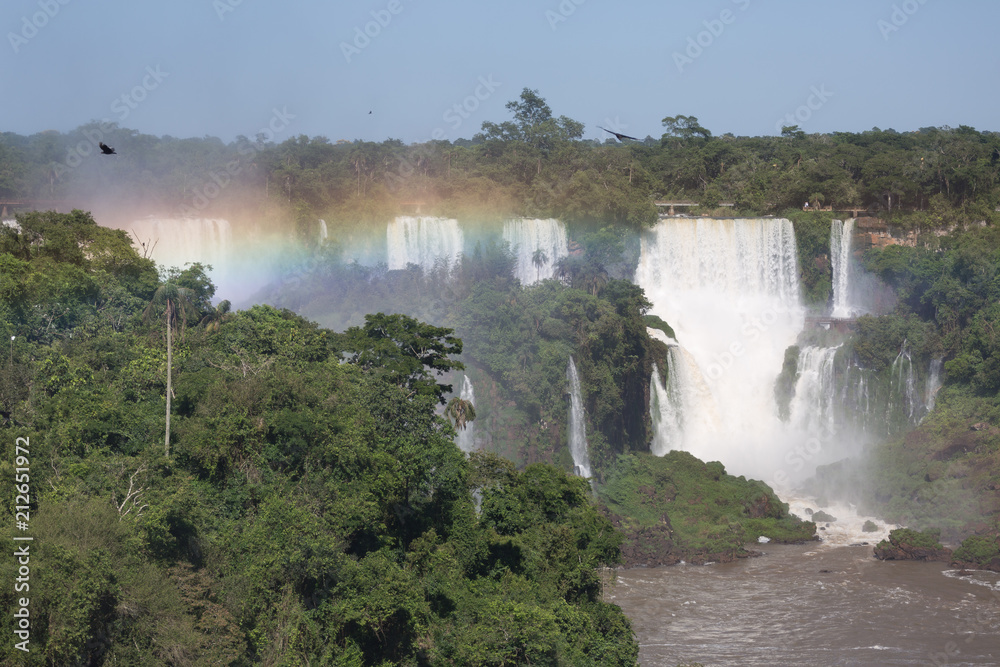 Waterfalls at Iguazu falls with rainbow and bird passing Waterfalls at Iguazu falls with rainbow and bird passing