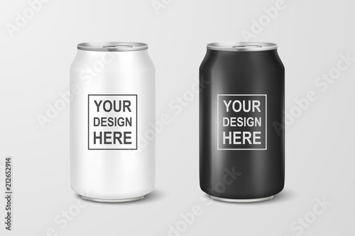 Vector realistic 3d empty glossy metal white and black aluminium beer pack or can set visual 330ml. Can be used for lager, alcohol, soft drink, soda, fizzy pop, lemonade, cola, energy drink, juice