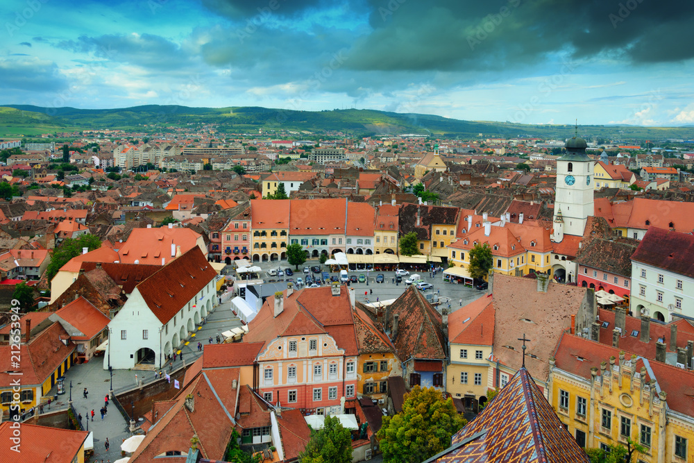 Panoramic view of Sibiu historic center in Transylvania, Romania