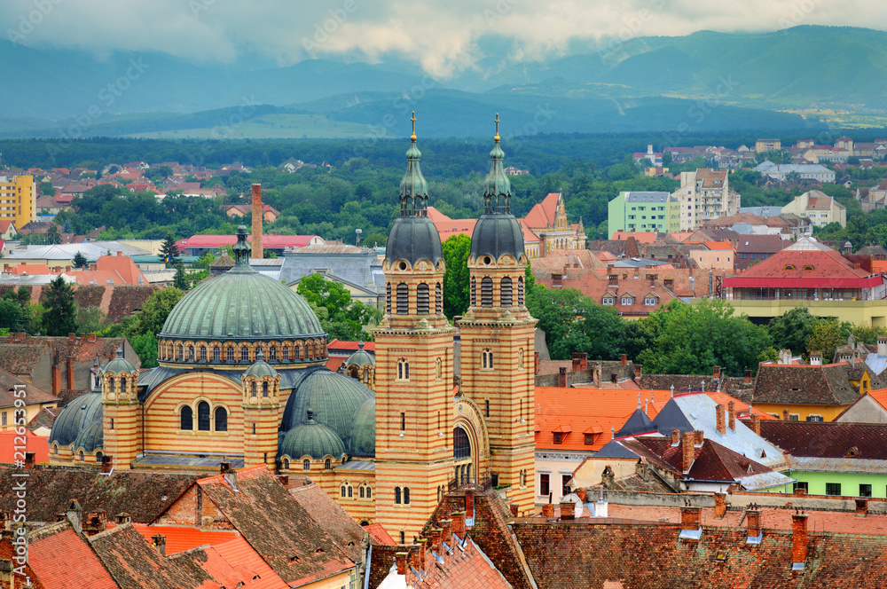Sibiu cityscape with Holy Trinity Cathedral in Transylvania, Romania