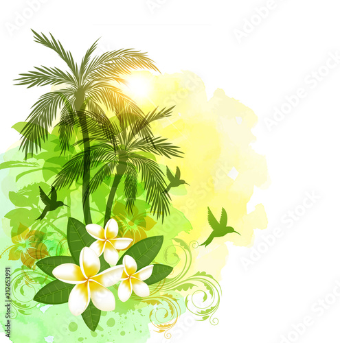 Wallpaper Mural Tropical watercolor background with green palms Torontodigital.ca