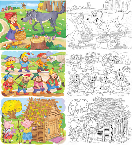 Little Red Riding Hood and others. Fairy tale. Coloring book. Coloring page. Cute and funny cartoon characters