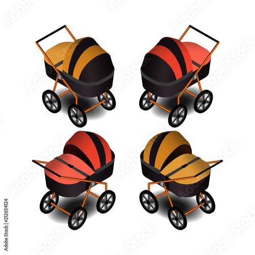 Baby carriage in isometric. Original strollers for children in vector.