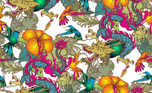 Seamless pattern of colibri and dragon. Vector illustration