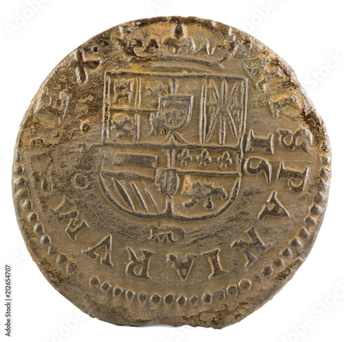 Ancient Spanish copper coin of King Felipe IV. 1661. !6 Maravedis. Reverse. photo