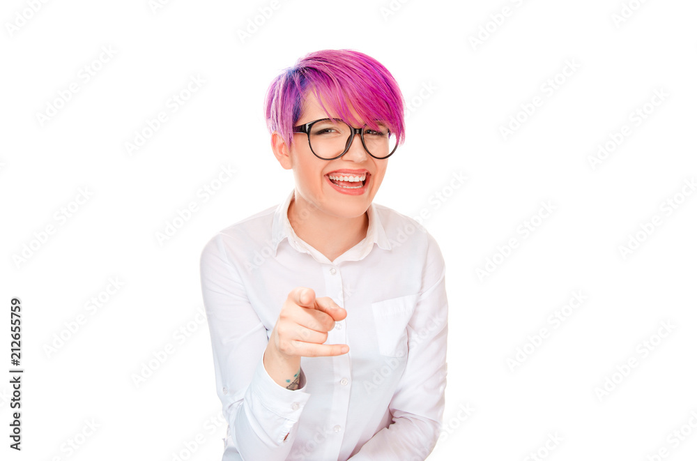 Laughing woman pointing at camera in mock