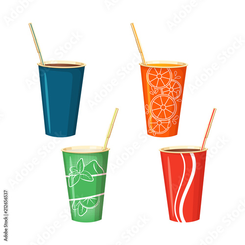 Fast food icons. Set of paper cups with various drinks.