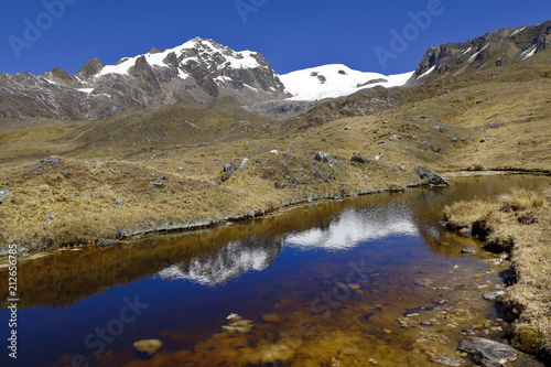 Beautiful lake view in front of the snowy Verdish in the Huaytapallana mountain range.