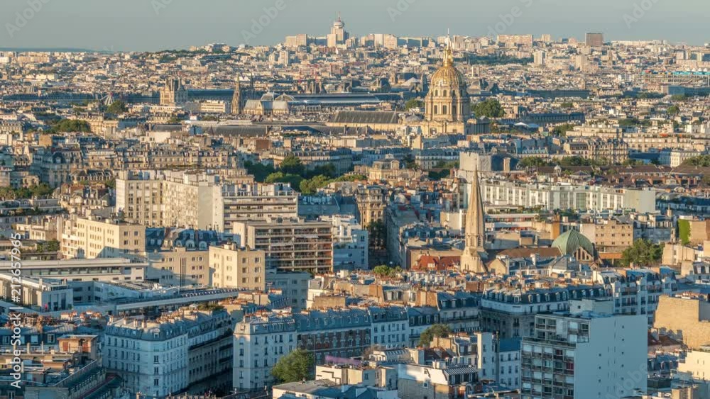 Aerial panorama above houses rooftops in a Paris timelapse Aerial panorama above houses rooftops in a Paris timelapse